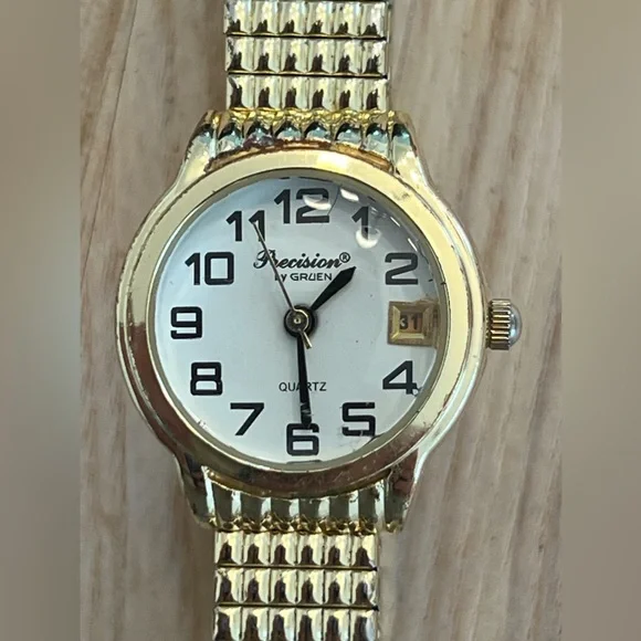 Precision by Gruen Ladies Watch White Dial Gold Tone Stainless Stretch Bracelet 10K Gold Gruen Precision Ladies Bracelet Wristwatch Stretch  main image 4